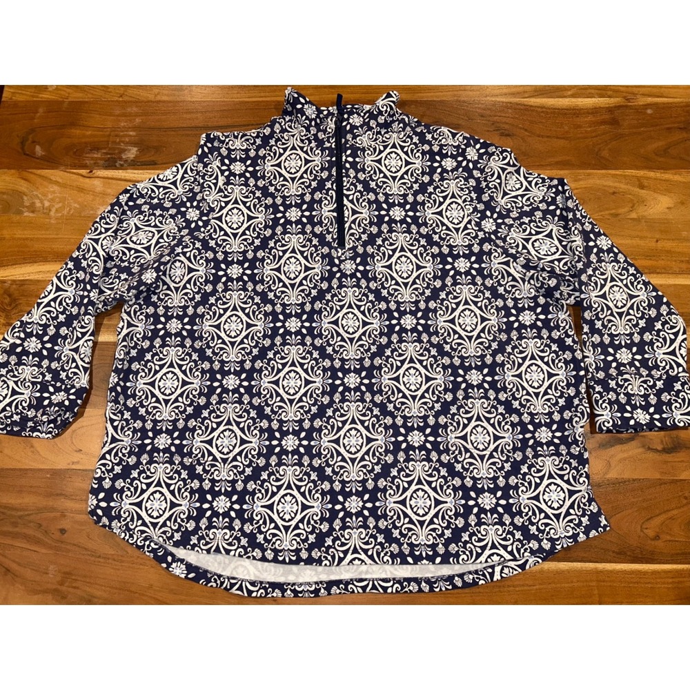 Vera Bradley Navy White Damask Medallion Quarter Zip Pullover Top 3XL